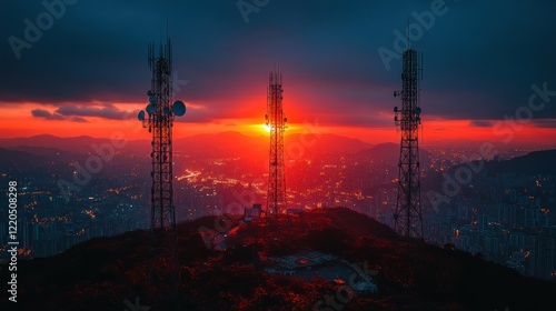 Crimson Sunset Over Urban Skyline with Communication Towers