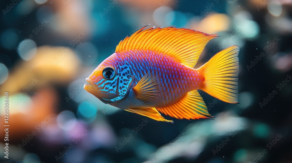 Vibrant fish swims aquarium coral bokeh background Vibrant fish swims aquarium coral bokeh background