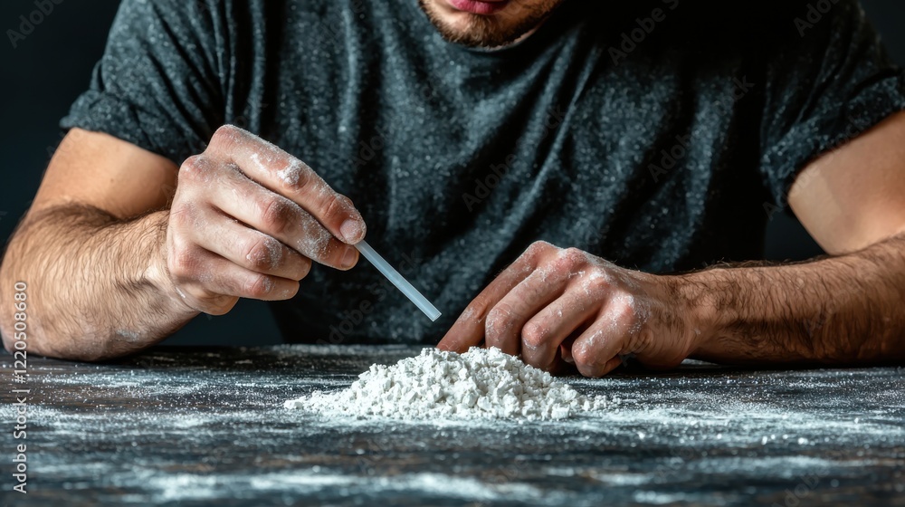 Obraz premium Close-Up of Person Take drugs Heroin on Wooden Table with Focused Attention in a Dimly Lit Environment