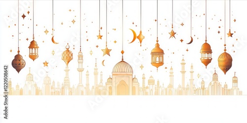 Golden lanterns, stars, and crescent moons hang above a serene mosque skyline, creating a festive atmosphere for ramadan, eid al fitr, or other islamic celebrations