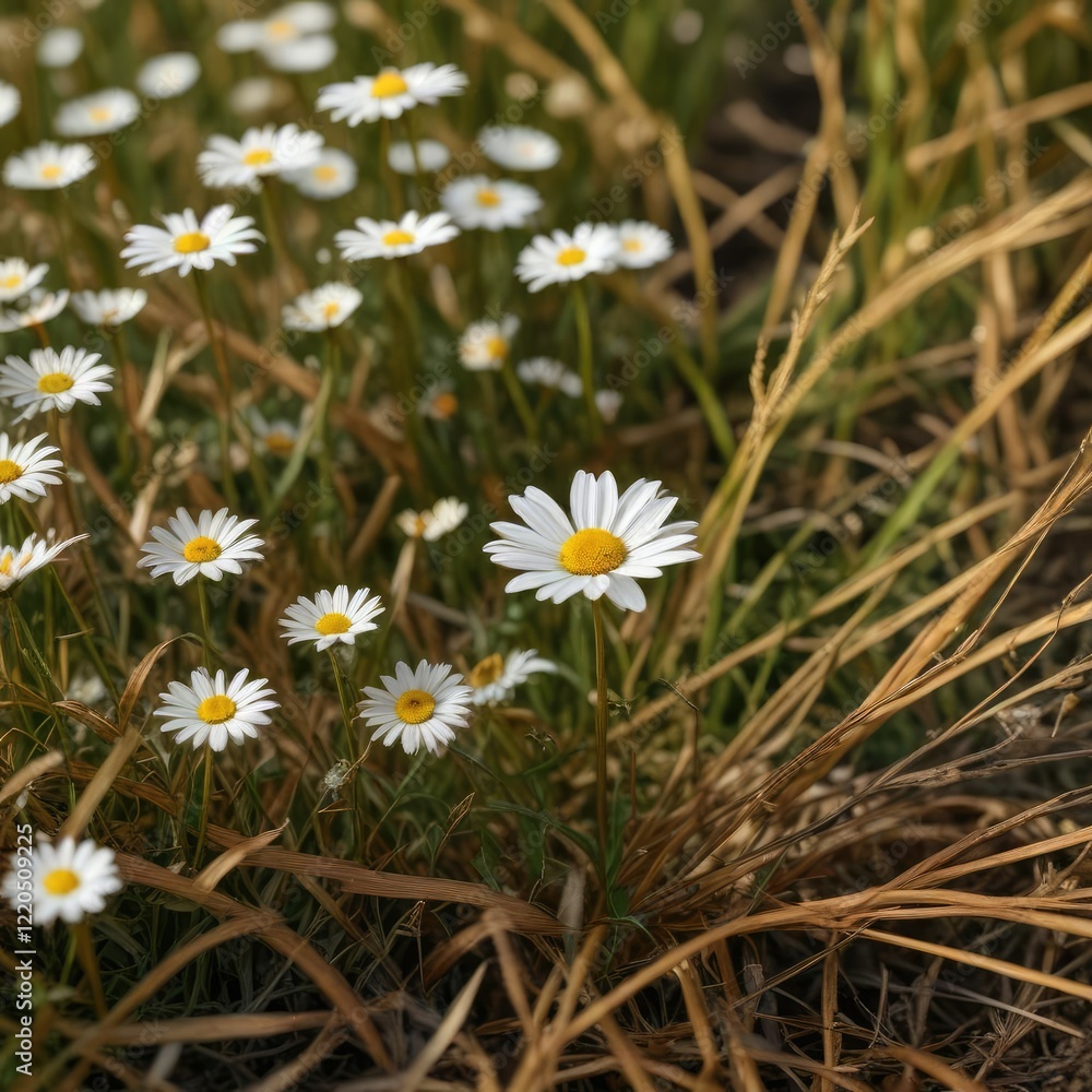 A small white daisy nestled among the soft blades of golden brown grass, delicate petals, wildflowers in field, peaceful scene A small white daisy nestled among the soft blades of golden brown grass, delicate petals, wildflowers in field, peaceful scene