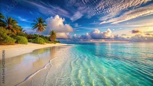 A beach with crystal-clear turquoise waters and powdery white sand at sunset, sunset, tropical,  sunset
