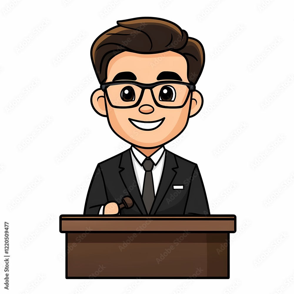 A cartoon lawyer in a suit, standing at a podium, with a white background A cartoon lawyer in a suit, standing at a podium, with a white background