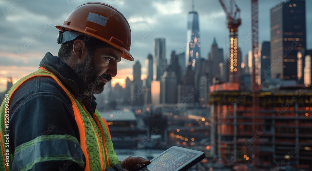 Construction Engineer at Dusk with Tablet Construction Engineer at Dusk with Tablet