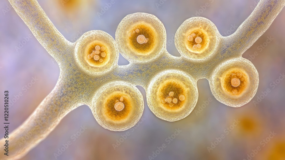 Microscopic penicillium mold spores spreading across textured surface, revealing intricate fungal network and cellular reproduction patterns