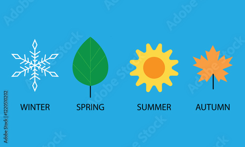 Four seasons icons, signs, symbols. Winter spring summer fall. Snowflake, leaf, sun, autumn leaf.