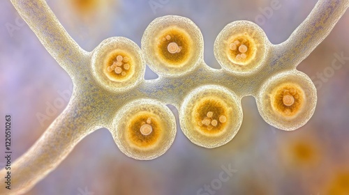 Obraz na płótnie Microscopic penicillium mold spores spreading across textured surface, revealing intricate fungal network and cellular reproduction patterns w salonie