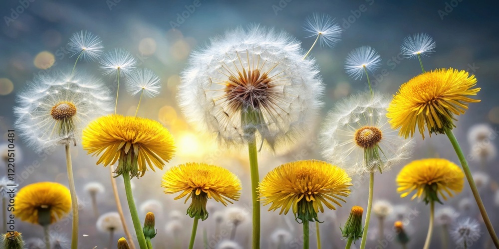 Obraz premium A field of vibrant yellow dandelions and fluffy white seed heads backlit by a soft sunlit haze