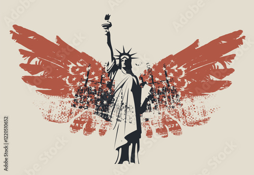 USA banner or logo with american flag with Statue of Liberty in New York with bird wings. Vector poster, flyer, t-shirt design, greeting card or design element in grunge style