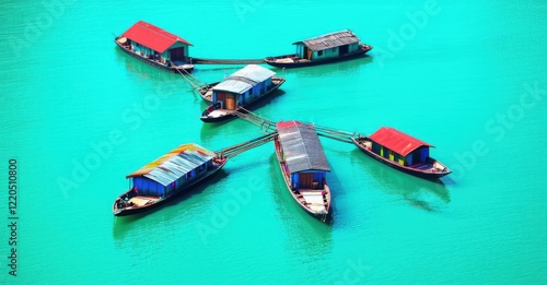 Floating village of wooden houseboats with vibrant roofs drifting on a turquoise river. Interconnected homes reflect traditional water-based living in a peaceful, colorful scene photo