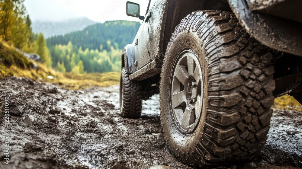 Off-Road Vehicle in Harsh Terrain Detail Shot Off-Road Vehicle in Harsh Terrain Detail Shot