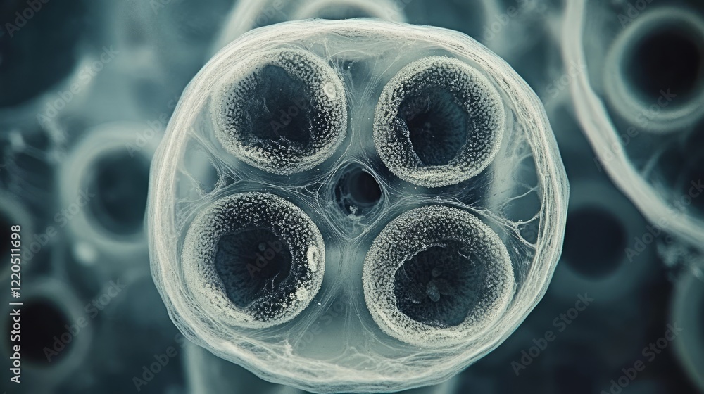Microscopic view capturing penicillium mold spores and conidiophores, revealing intricate structures responsible for fungal reproduction and dispersal