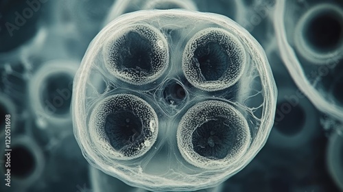 Obraz na płótnie Microscopic view capturing penicillium mold spores and conidiophores, revealing intricate structures responsible for fungal reproduction and dispersal w salonie