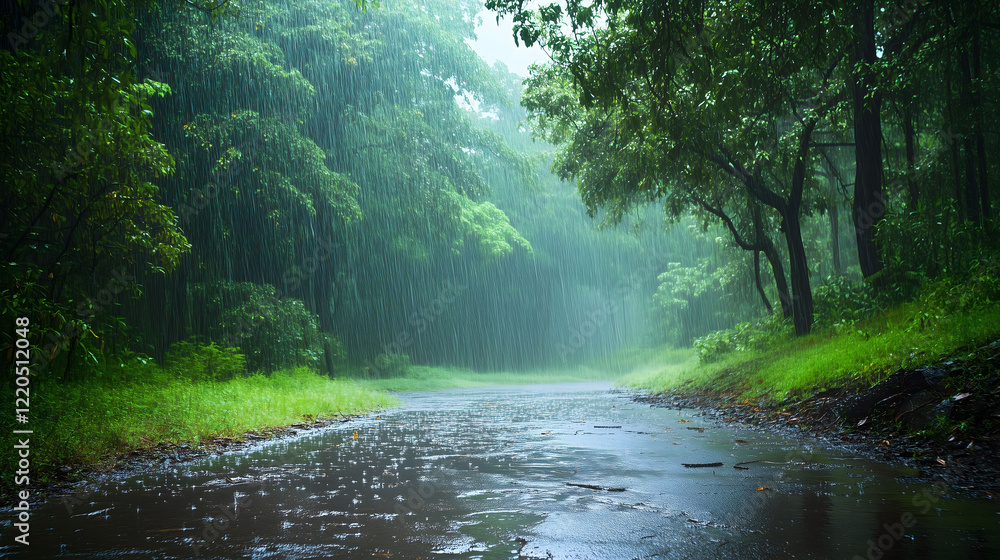 peaceful forest scene where heavy rain falls, forming puddles and mist that enhances nature's beauty on a rainy day peaceful forest scene where heavy rain falls, forming puddles and mist that enhances nature's beauty on a rainy day