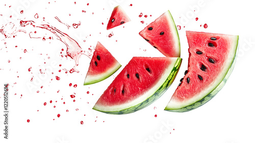 Hyper-Realistic Watermelon in Mid-Air with Triangular Chunks and Scattered Seeds on White Background