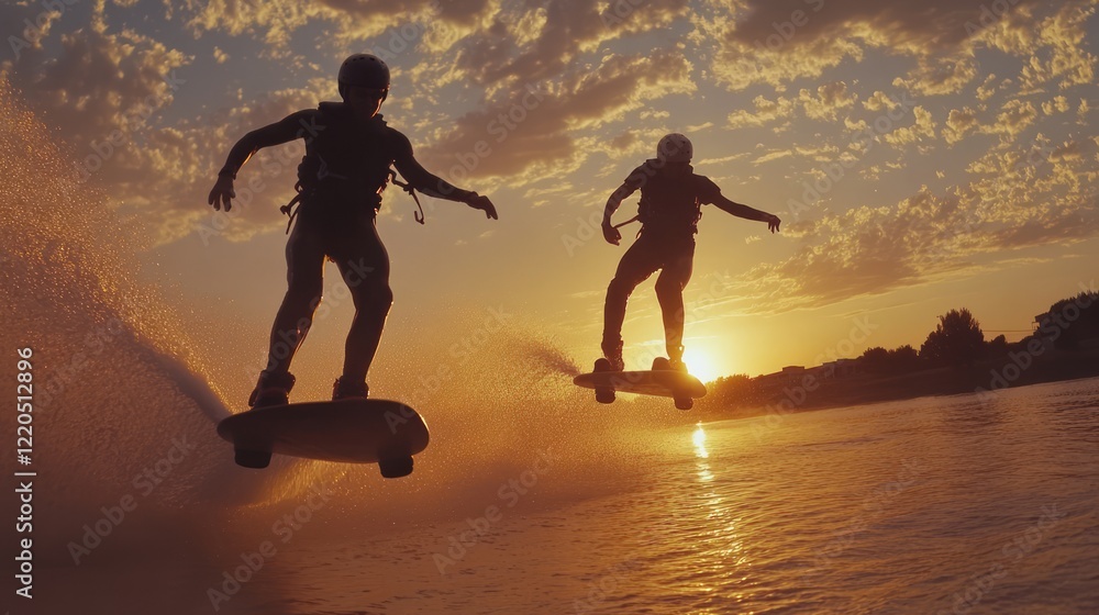 Two athletes flyboarding over a serene lake at sunset, creating striking silhouettes against a backdrop of golden hues in the sky, embodying freedom and adventure