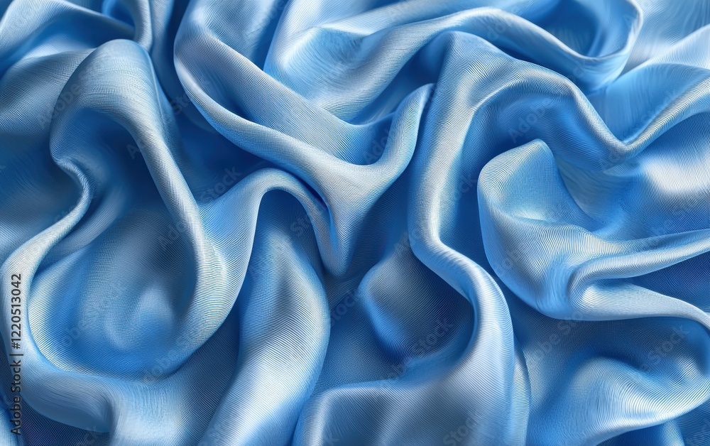Fototapeta premium 3d render, abstract fashion background with blue wavy ribbons, folded cloth macro