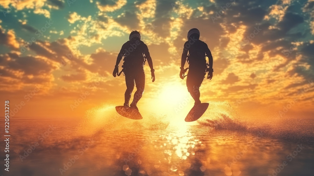 Silhouetted flyboarder performing high energy aerial trick against golden sunset sky, water reflecting vibrant orange and dramatic water sport movement