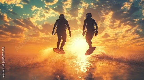 Obraz na płótnie Silhouetted flyboarder performing high energy aerial trick against golden sunset sky, water reflecting vibrant orange and dramatic water sport movement w salonie
