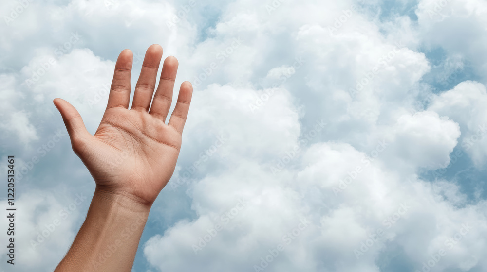 giant hand reaching out towards fluffy clouds in dreamy sky giant hand reaching out towards fluffy clouds in dreamy sky