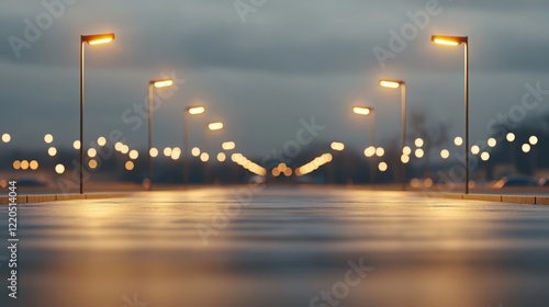 Obraz na płótnie Street lights casting a warm glow over an empty parking lot at dusk, creating a tranquil and serene atmosphere, inviting moments of stillness and solitude in the urban landscape w salonie