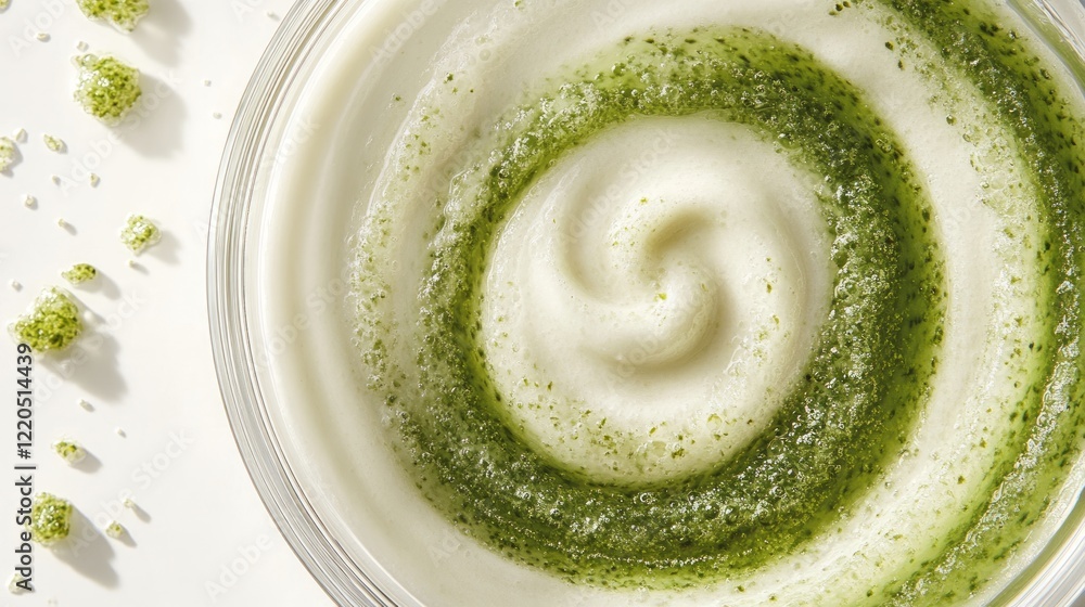 White cream swirling with green exfoliating granules in glass bowl, blending skincare ingredients for cosmetic product mixing and texture demonstration