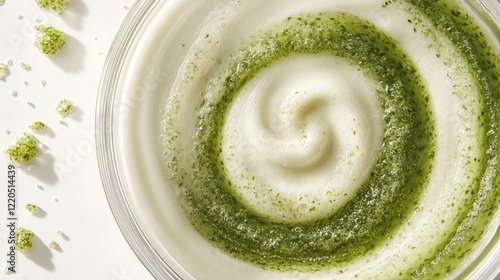 White cream swirling with green exfoliating granules in glass bowl, blending skincare ingredients for cosmetic product mixing and texture demonstration
