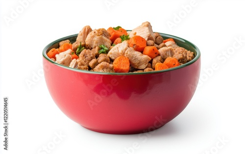 A colorful bowl of dog food featuring kibble mixed with fresh chicken pieces and carrots, isolated on a bright white background