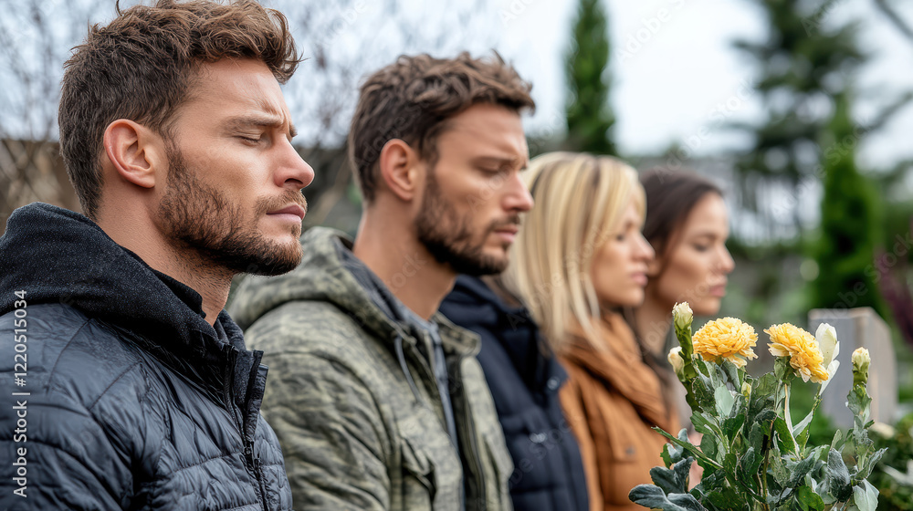 Fototapeta premium group of people standing in silence at gravesite, reflecting on loss