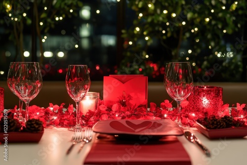 Romantic Red Valentine's Dinner Table Setting photo