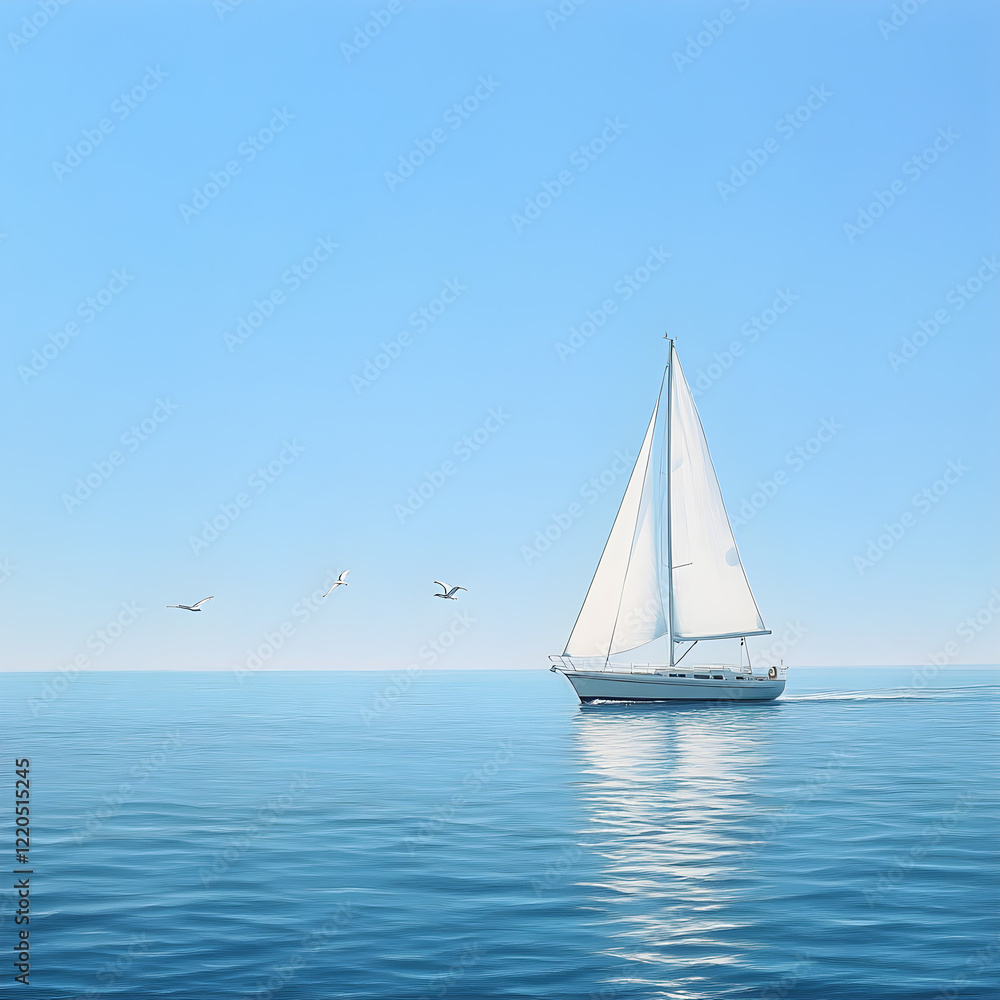 Majestic Sailboat Gliding Across Tranquil Ocean Under Clear Sky, Embracing Serenity and Freedom of Open Sea Majestic Sailboat Gliding Across Tranquil Ocean Under Clear Sky, Embracing Serenity and Freedom of Open Sea