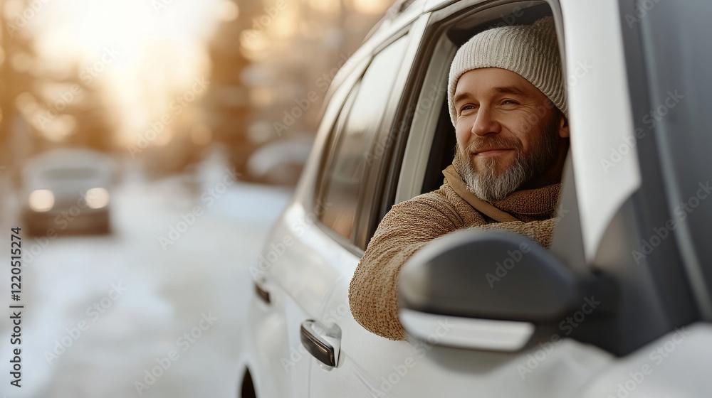 Bearded male relaxing in driver's seat, wool cap protecting from cold, parked vehicle surrounded by winter landscape