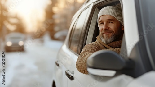 Obraz na płótnie Bearded male relaxing in driver's seat, wool cap protecting from cold, parked vehicle surrounded by winter landscape w salonie