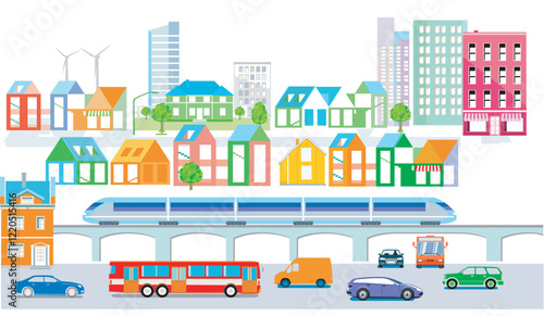 Schnellzug und Bus, Elektro-Autos, City-Farben.eps
