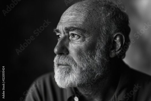 Elderly man with a contemplative expression gazes thoughtfully into the distance, illuminated by soft light in a serene indoor environment during afternoon hours