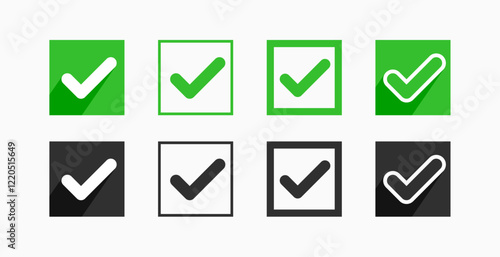 set of verified checkmark square box in green black