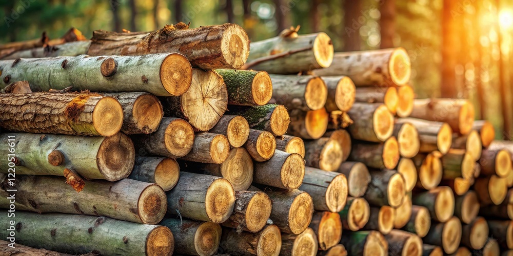 A Stack of Cut Logs in a Forest at Sunset A Stack of Cut Logs in a Forest at Sunset