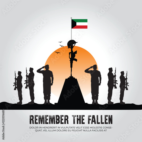 Kuwait flag in remember the fallen flag for morning sun and army design