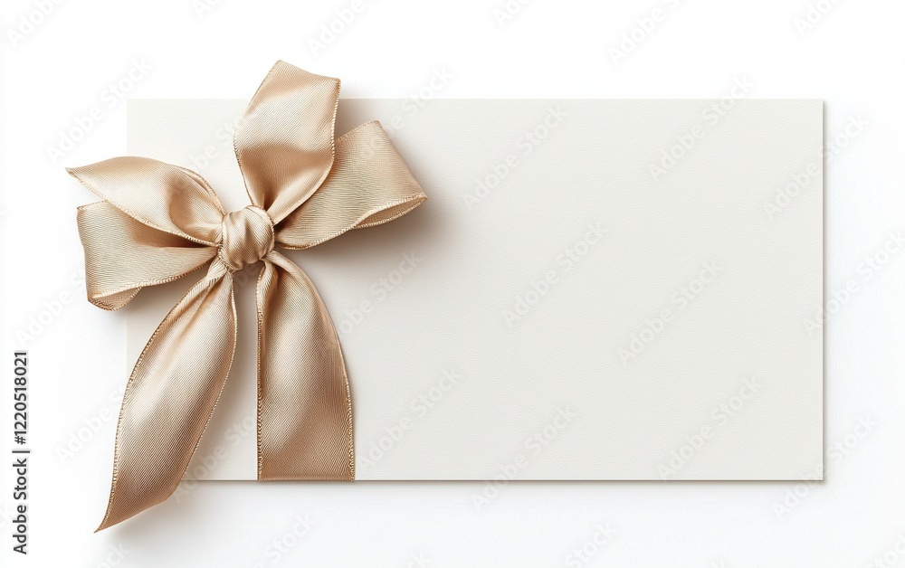 A minimalistic white gift card with a light gold ribbon and bow on the left side, offering space for text, isolated on a pristine white background A minimalistic white gift card with a light gold ribbon and bow on the left side, offering space for text, isolated on a pristine white background