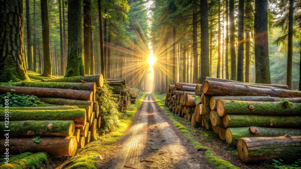 Sunlit forest path with stacked logs covered in moss Sunlit forest path with stacked logs covered in moss