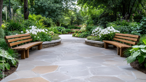 Fototapeta Naklejka Na Ścianę i Meble -  peaceful scene of memorial garden with benches and flowers