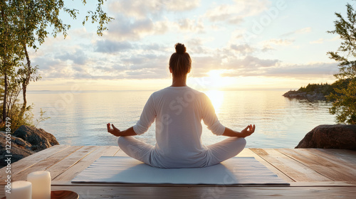 Fototapeta Naklejka Na Ścianę i Meble -  peaceful scene of person practicing yoga at sunset by water