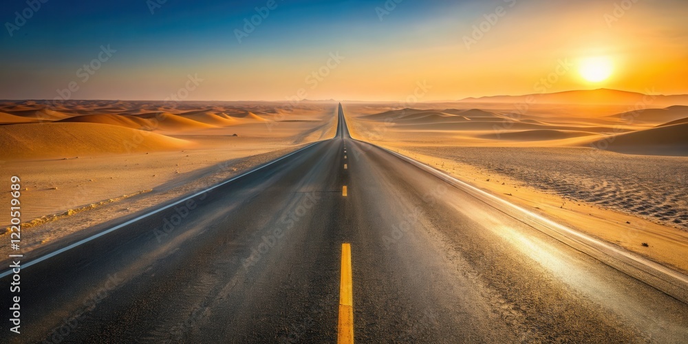 Naklejka premium Asphalt road stretching towards a desert sunset, a journey of endless possibilities and adventure awaits