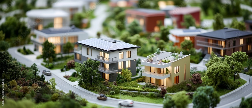 Fototapeta premium A detailed model village with lush green trees and cozy houses creates a serene miniature world.