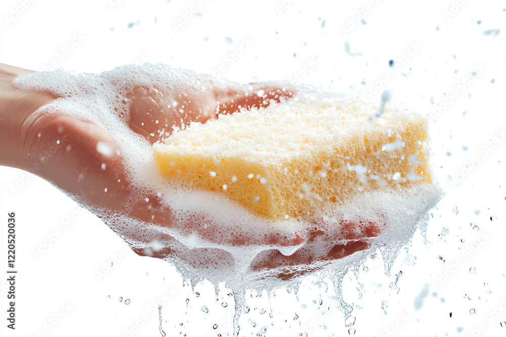 Fototapeta premium A close-up of a hand holding a soapy sponge with bubbles, symbolizing cleanliness and hygiene in daily life, perfect for household and wellness themes.