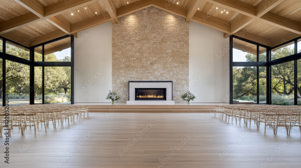 Fototapeta premium Modern rustic interior with wooden beams and stone fireplace