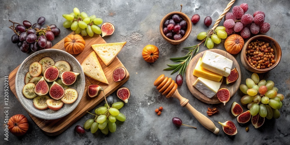Gourmet Cheese and Fruit Platter with Honey Dipper A Delicious Autumnal Spread Gourmet Cheese and Fruit Platter with Honey Dipper A Delicious Autumnal Spread
