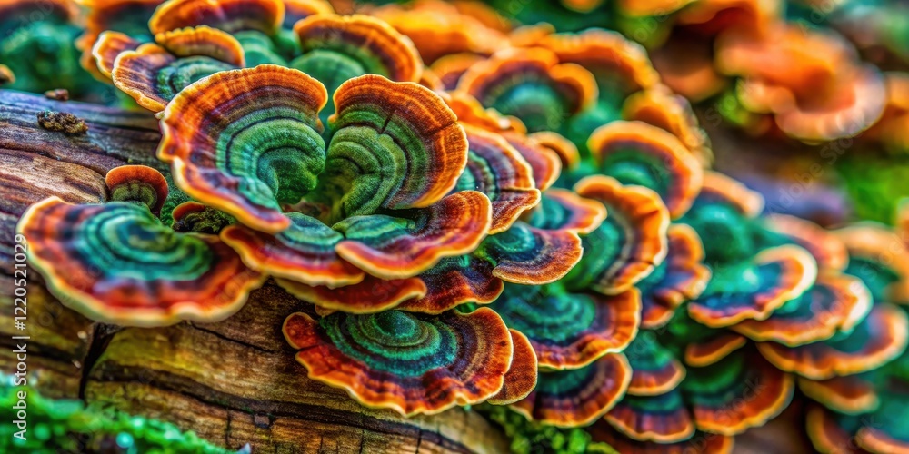 Naklejka premium Vibrant Cluster of Multicolored Shelf Fungi on a Weathered Log