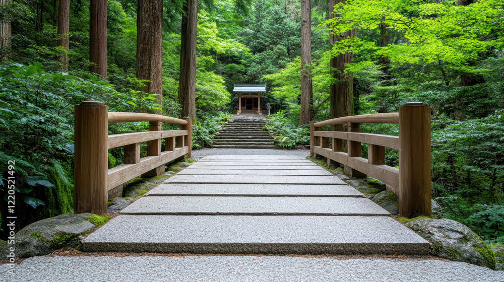 Fototapeta premium serene forest path leads to small shrine surrounded by lush greenery