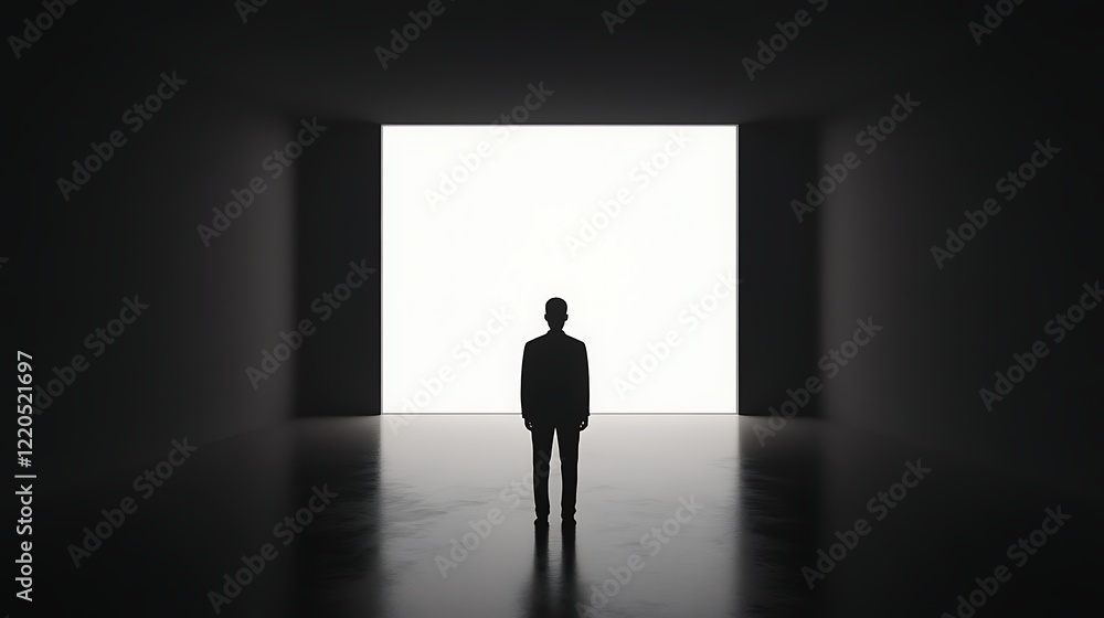 Fototapeta premium Person Staring Into the Void: A Profound Reflection on Existentialism and Identity in a Monochromatic Space with a Minimalist Aesthetic